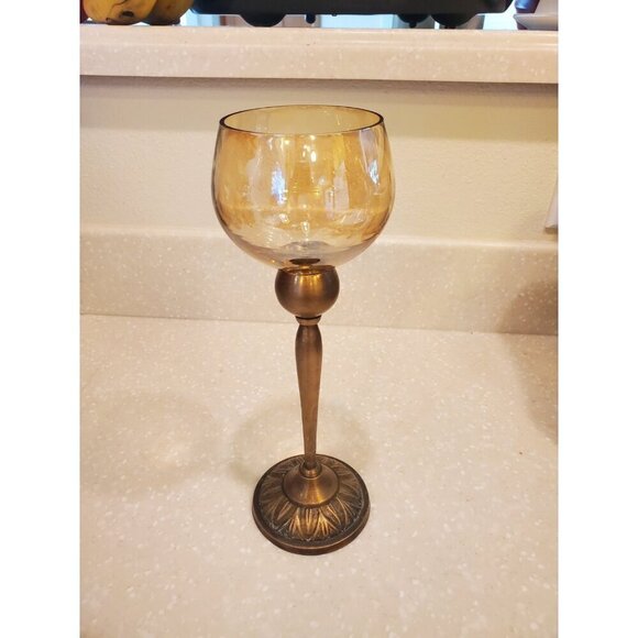 Brass And Colored Glass Candle Holder Goblet Tealight Votive 10 Inches tall‎ VTG - Picture 3 of 9
